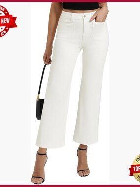 Mid Rise Straight Leg Jeans Stretchy Denim Wide Leg Pants with Pockets